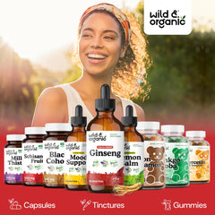 Wild & Organic transparent tincture bottle with easy-to-dose drops.