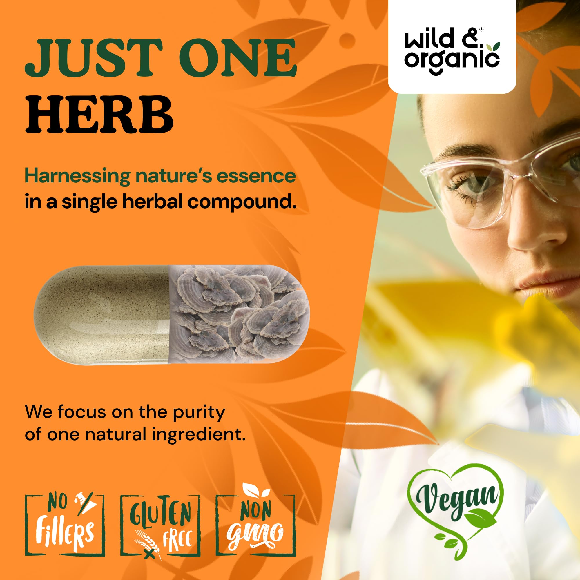 Wild & Organic Turkey Tail bottle back label lists serving size and 90-day supply.