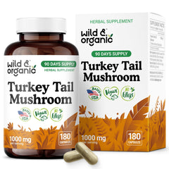 Wild & Organic Turkey Tail bottle front displaying 180 capsules for daily immune wellness.