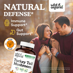Wild & Organic Turkey Tail capsules closeup highlighting smooth plant-based coating.