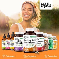 Wild & Organic Turkey Tail capsules shown in a daily-use scene for easy-to-take design.