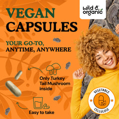 Wild & Organic Turkey Tail ingredients and formula shown for vegan, non-GMO blend.