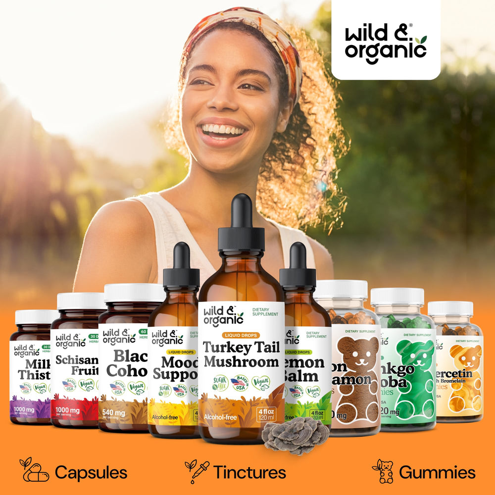 Front view of the Wild & Organic bottle with glycerin-based drops visible.