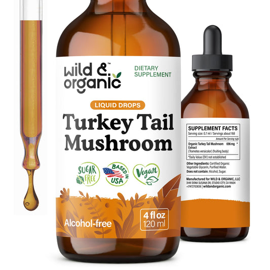 Wild & Organic turkey tail tincture bottle showing concentrated extract for immune support.