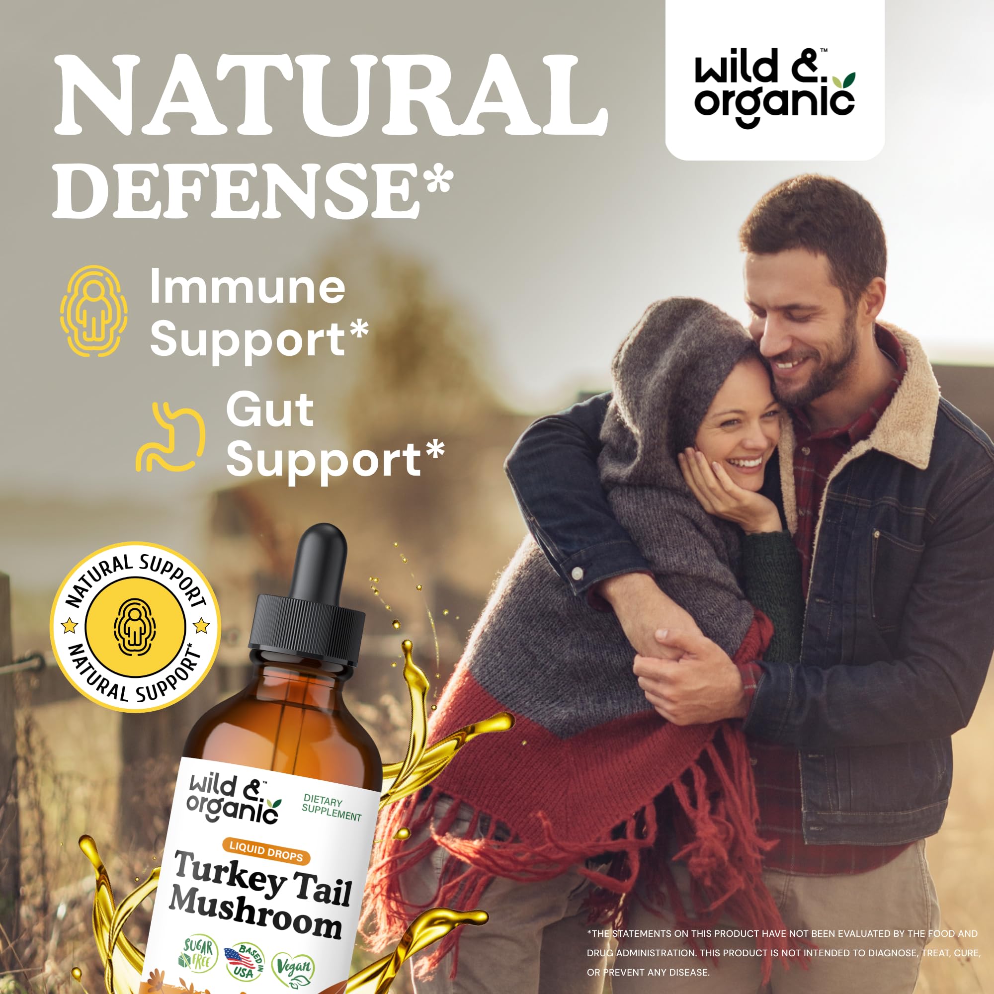 Dropper releasing turkey tail tincture from Wild & Organic bottle for daily use.