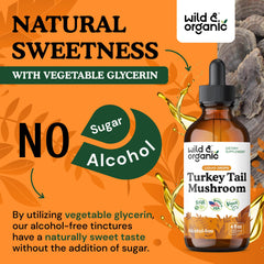 Ingredients panel of Wild & Organic turkey tail tincture showing vegan, sugar-free base.