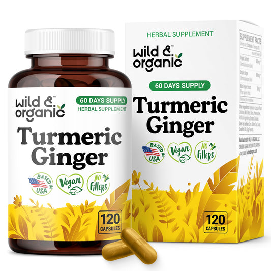 Wild & Organic turmeric and ginger capsules bottle for daily mobility and immune support.