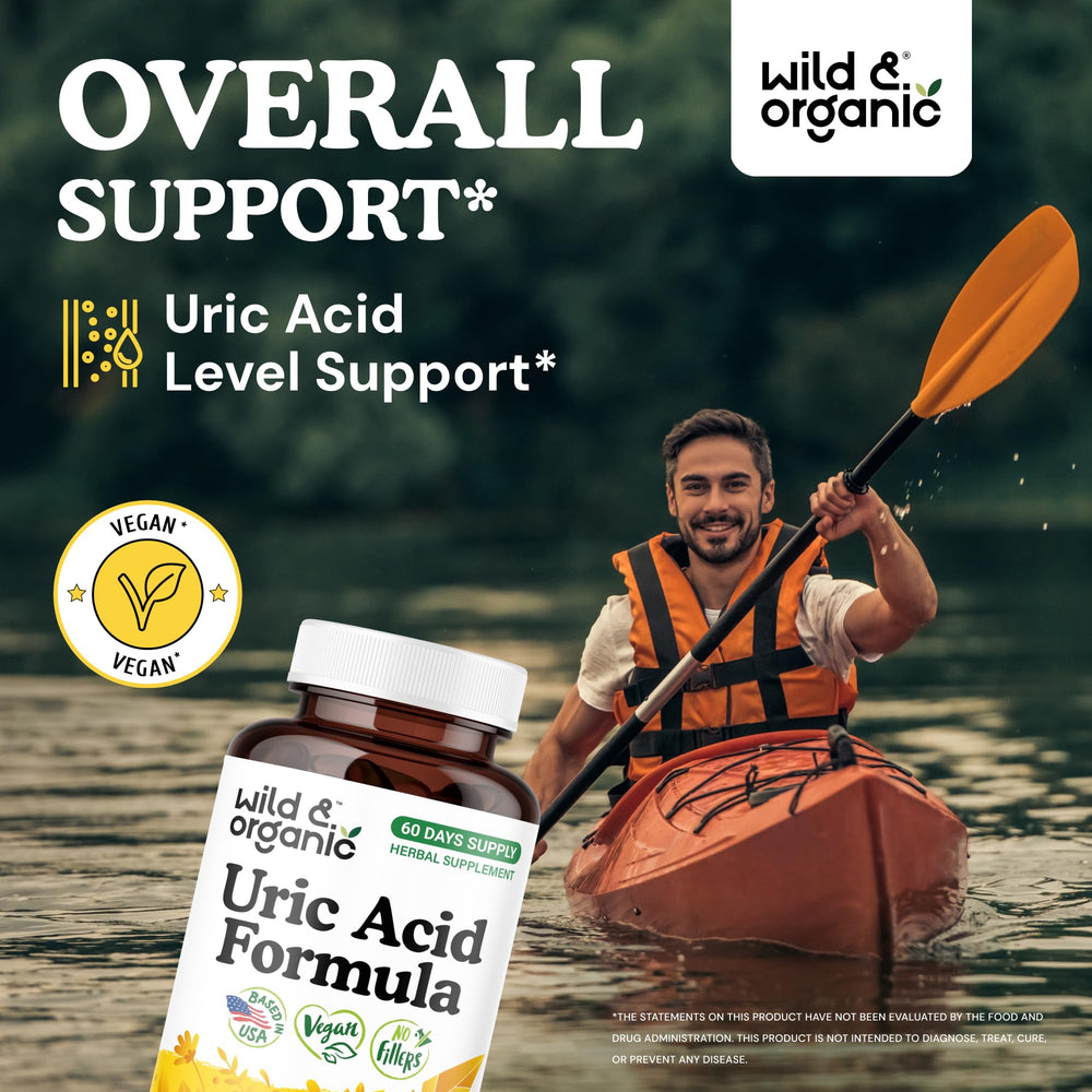 Wild & Organic Uric Acid Formula capsules highlighting vegan, non-GMO ingredients