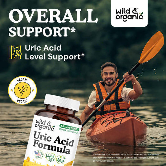 Wild & Organic Uric Acid Formula capsules highlighting vegan, non-GMO ingredients