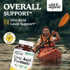 Wild & Organic Uric Acid Formula capsules highlighting vegan, non-GMO ingredients