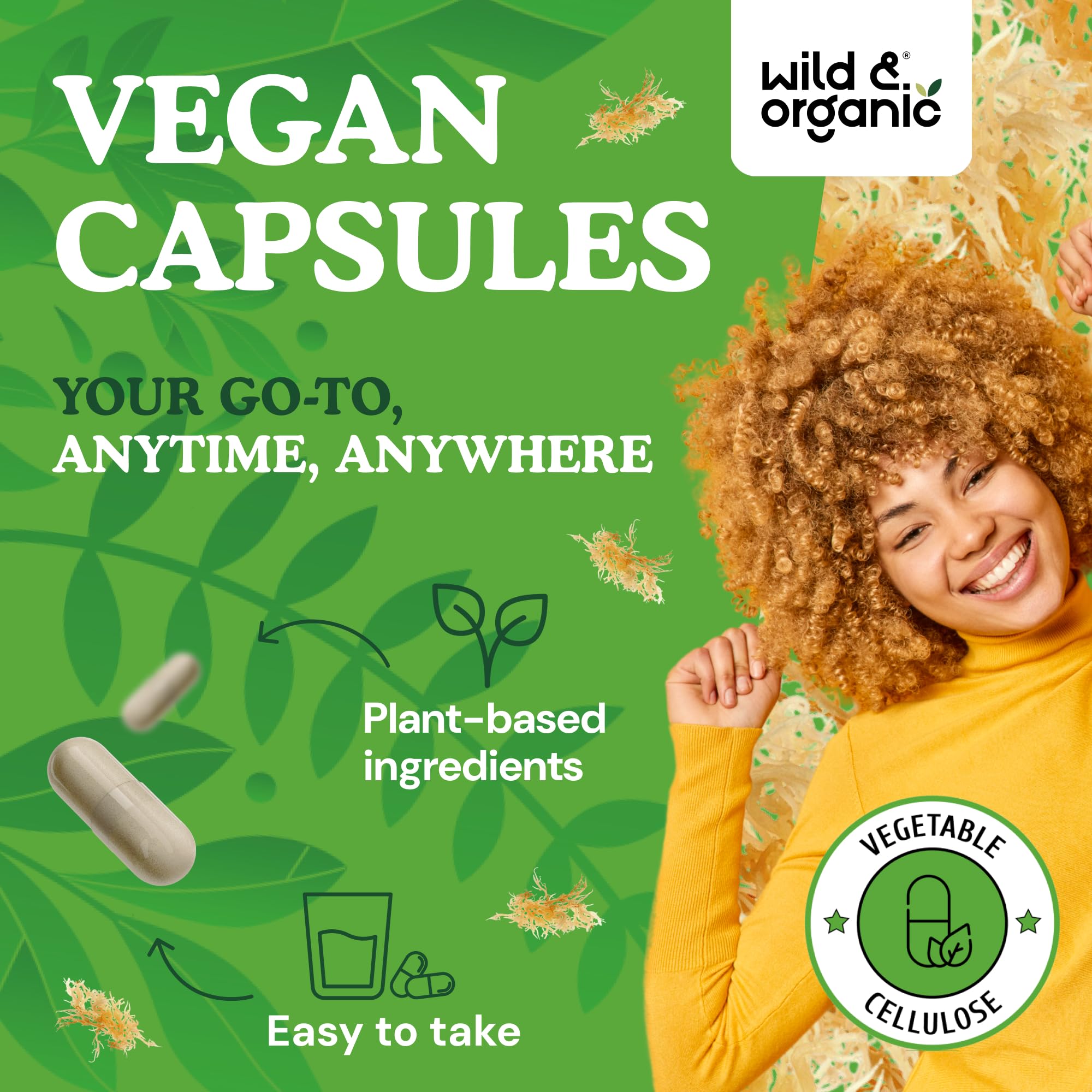 Wild & Organic vegan capsules with vegetable cellulose coating for plant based adults