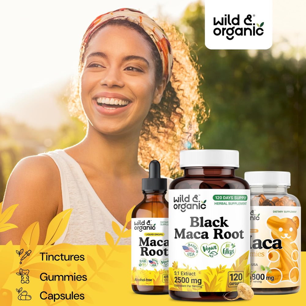 Vegan-certified symbol with Wild & Organic maca capsule box