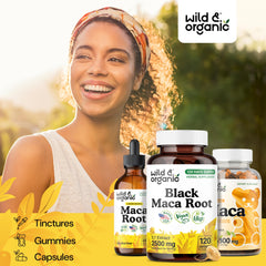 Vegan-certified symbol with Wild & Organic maca capsule box