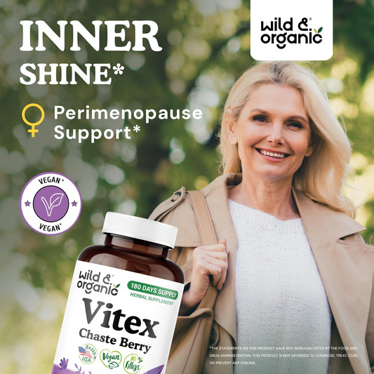 Wild & Organic Vitex label close-up highlights vegan and non-GMO ingredients