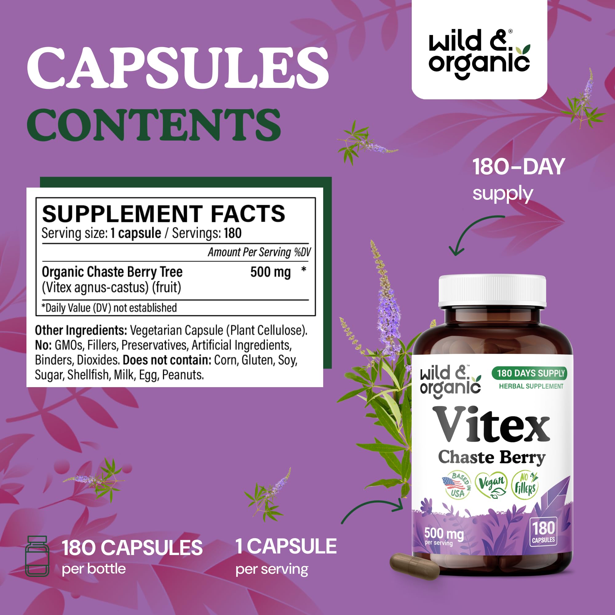 Packaging box of Wild & Organic Vitex Capsules emphasizes vegan, non-GMO credentials