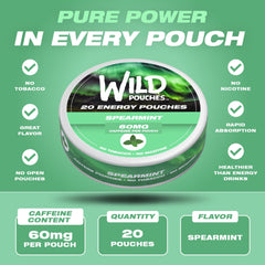Wild Pouches 60mg caffeine pouch closeup emphasizes strong alertness without coffee.