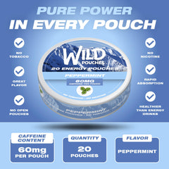 Wild Pouches 60mg caffeine side view highlights portable energy for focused moments.