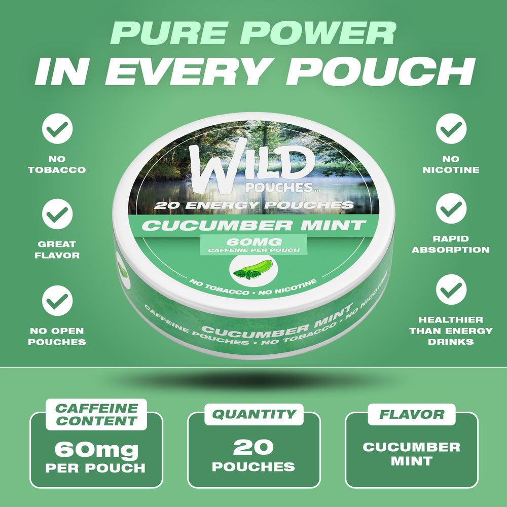 Wild Pouches 60mg caffeine pouches deliver quick focus without nicotine.
