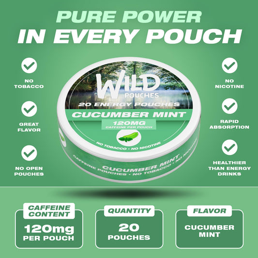 Wild Pouches cucumber mint can close-up emphasizes caffeine delivery and convenient use.