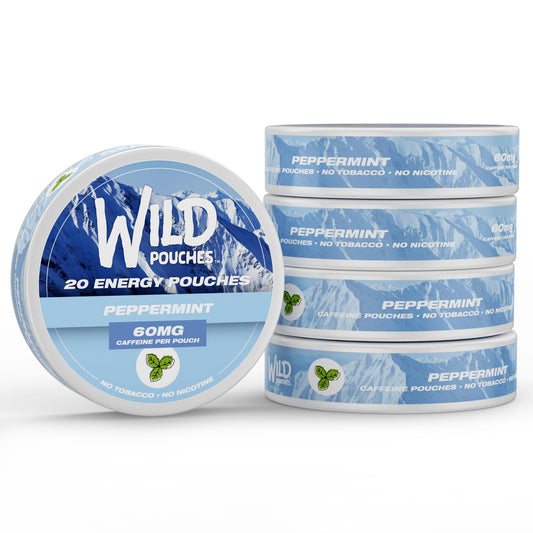 Wild Pouches peppermint 60mg front view shows nicotine-free energy on the go.