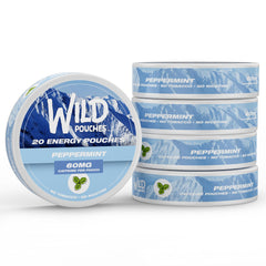 Wild Pouches peppermint 60mg front view shows nicotine-free energy on the go.