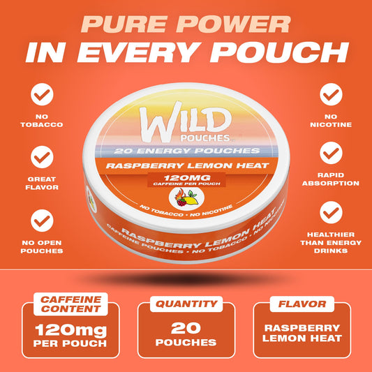 Wild Pouches Raspberry Lemon Heat can side displays nicotine-free energy option for busy days