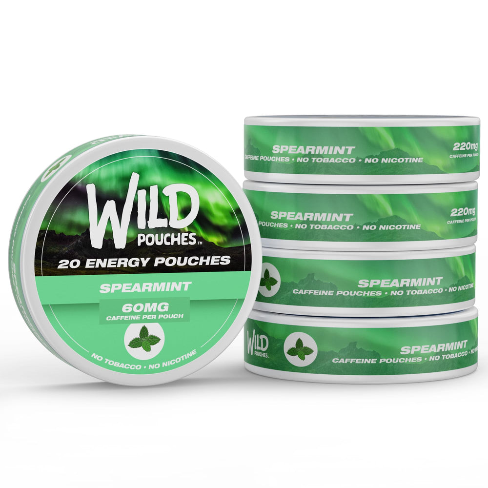 Wild Pouches spearmint packaging highlights portable energy for busy days.