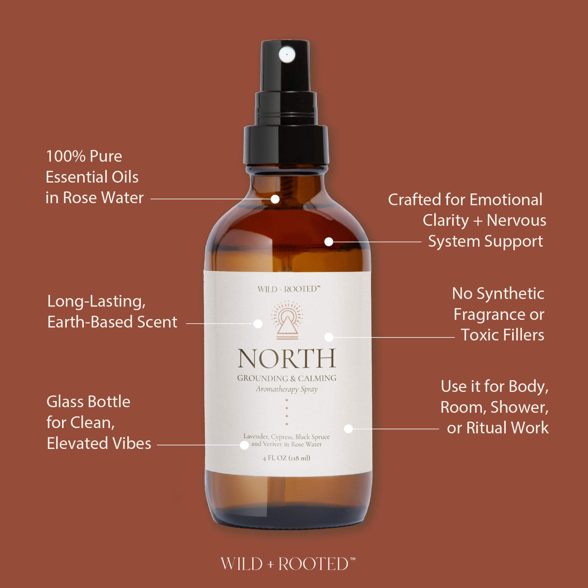 Wild + Rooted North glass bottle packaging highlights eco-friendly design.