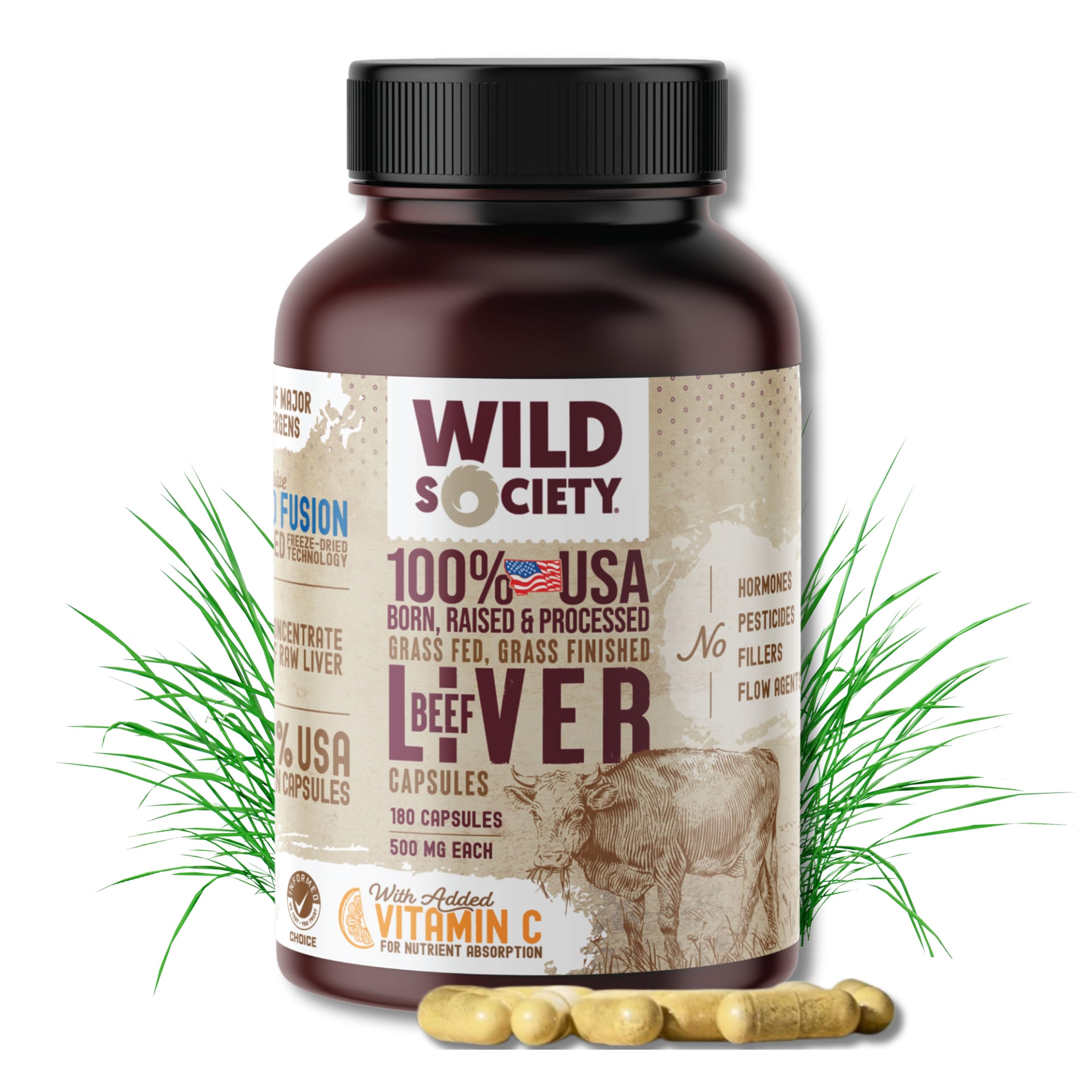 WILD SOCIETY beef liver capsules bottle showing 3000mg strength for energy support.