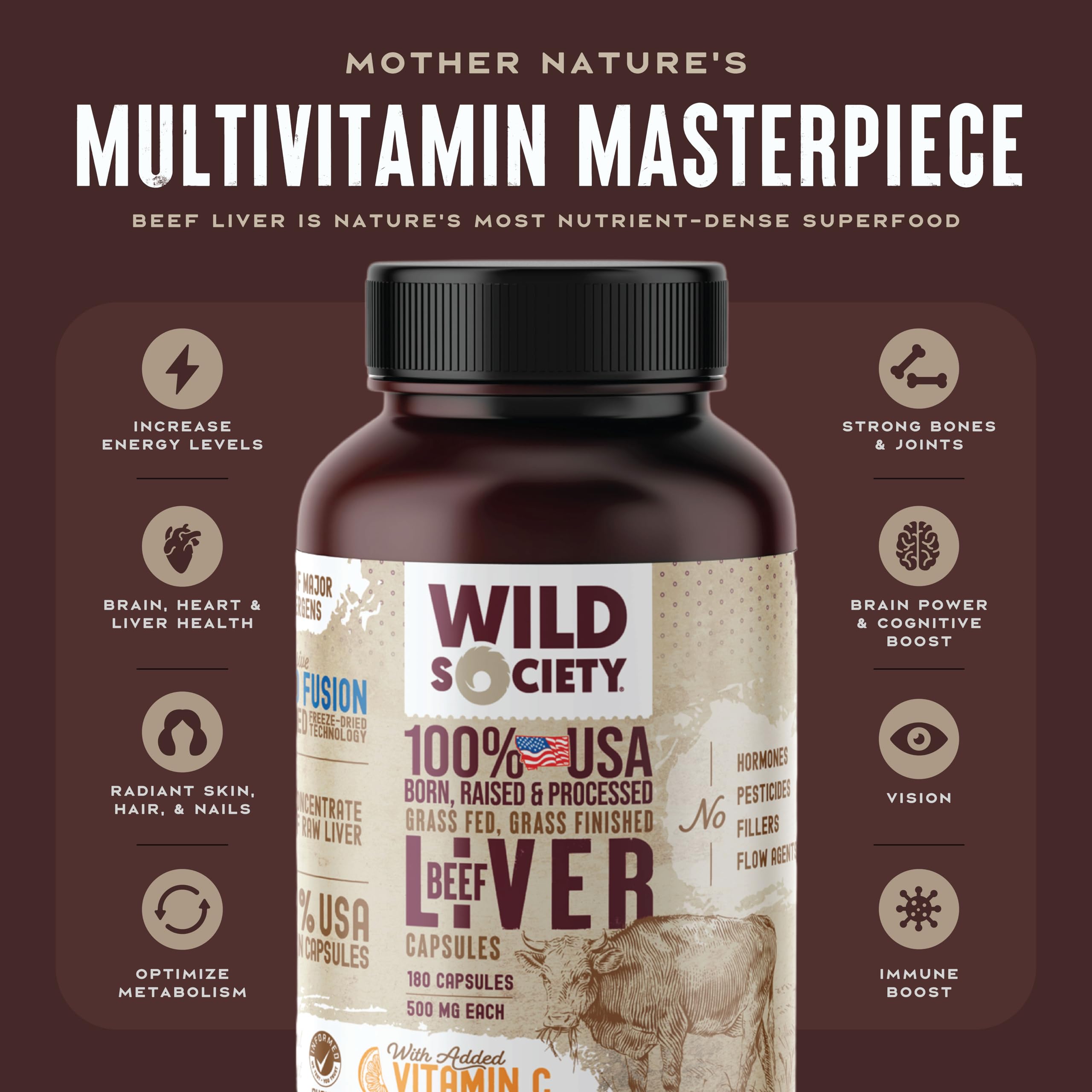 WILD SOCIETY beef liver capsules closeup highlighting pure tasteless capsules for daily use.