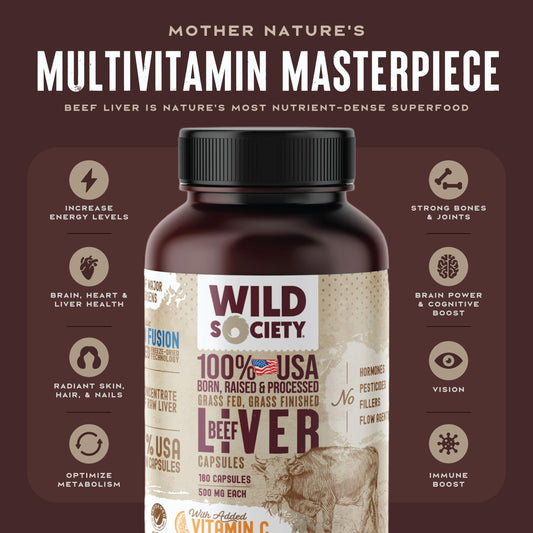 WILD SOCIETY beef liver capsules closeup highlighting pure tasteless capsules for daily use.