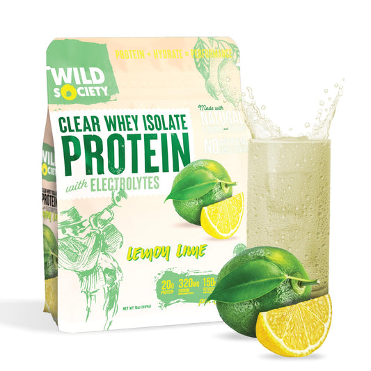Wild Society Clear Whey with electrolytes Lemon Lime bottle supports refreshing post-workout hydration.