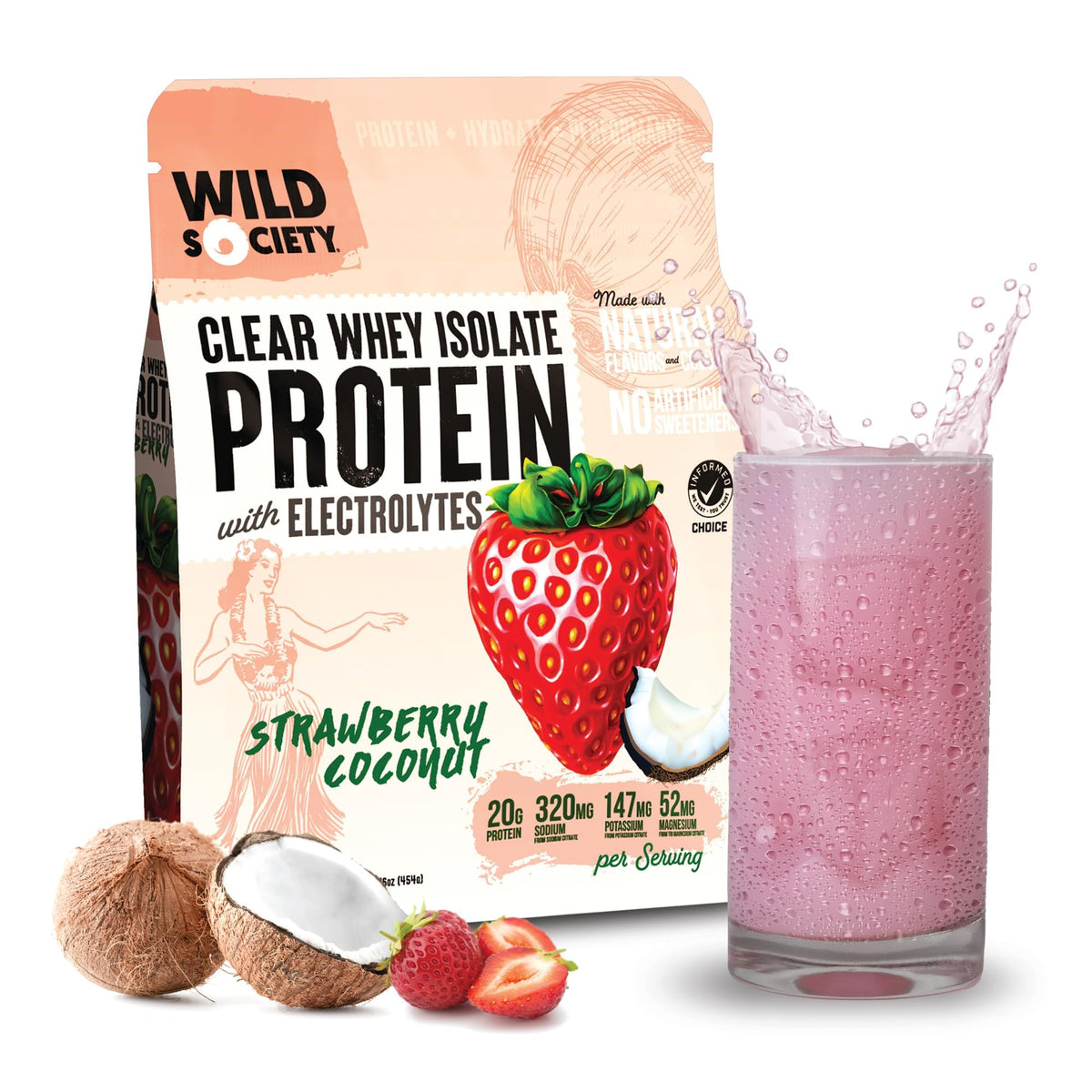 Wild Society Clear Whey Strawberry Coconut pour showcases a refreshing post-workout protein boost