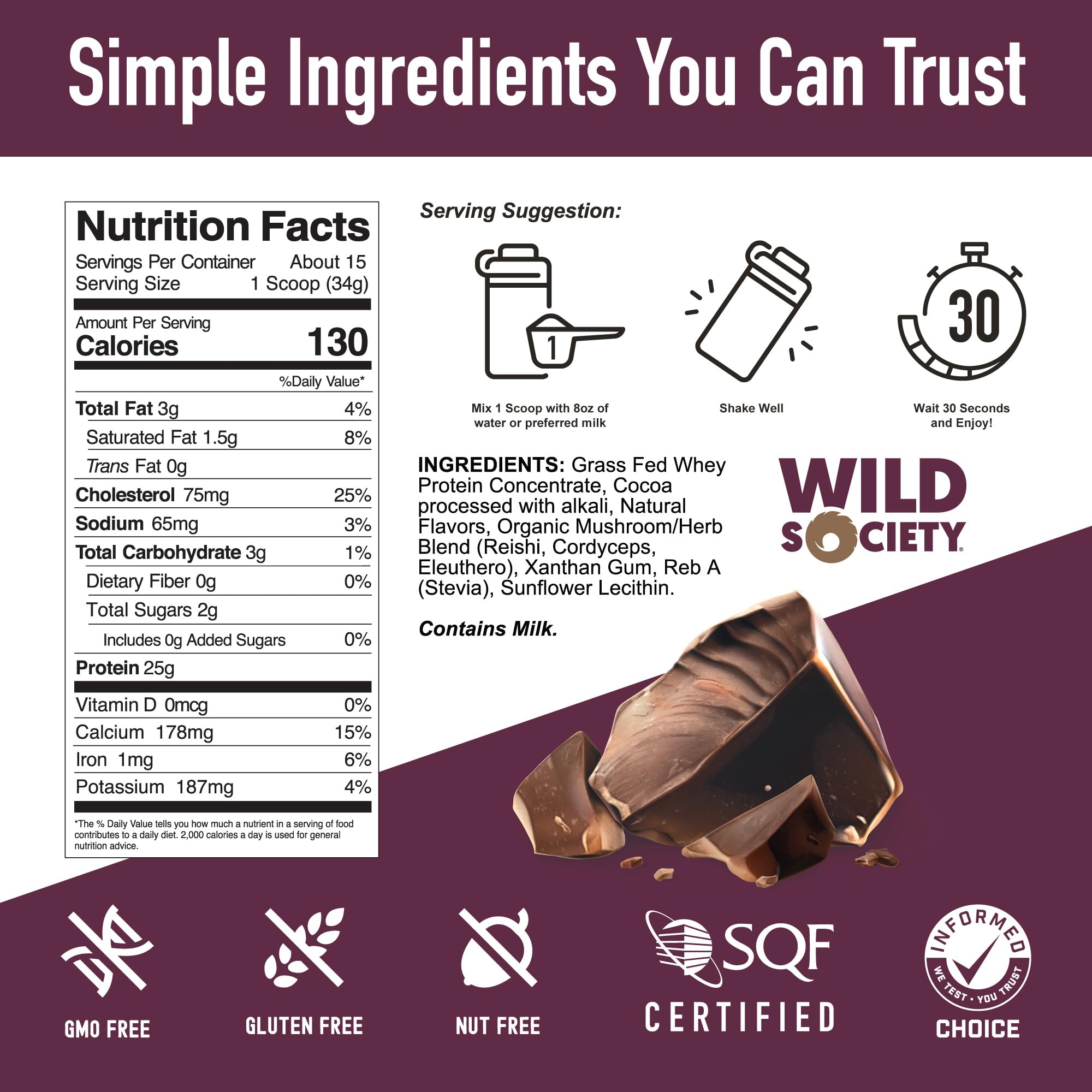 WILD SOCIETY cold processed whey bottle shows preserved nutrients and flavor.