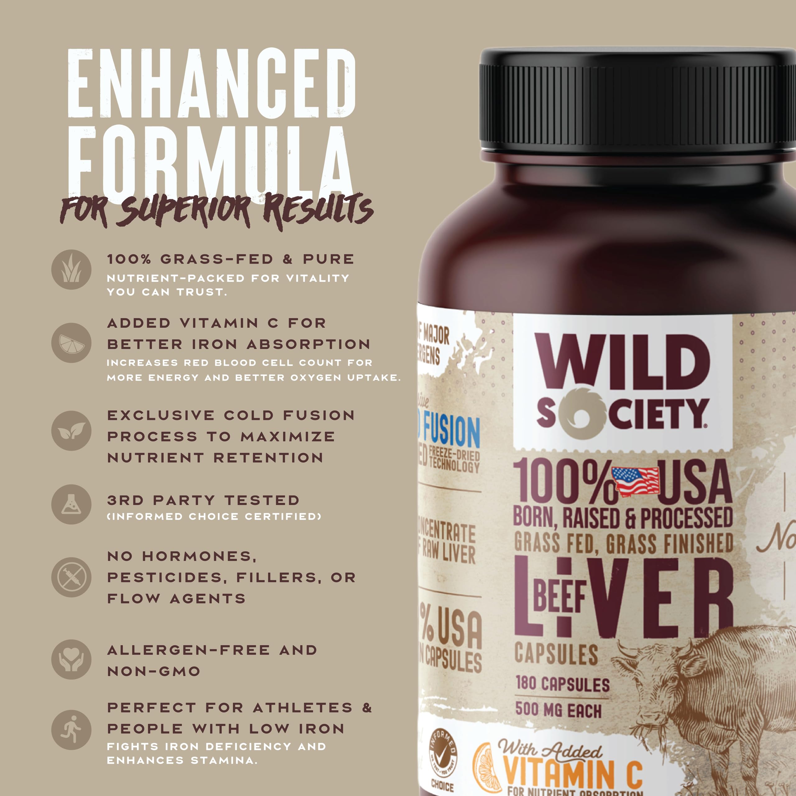 WILD SOCIETY grass-fed beef liver label on bottle highlights nutrition information.