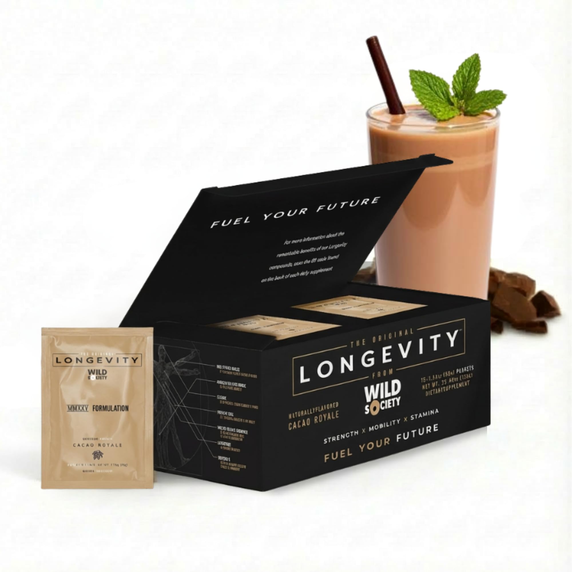 Wild Society Longevity Shake bottle shows protein and collagen support for recovery.