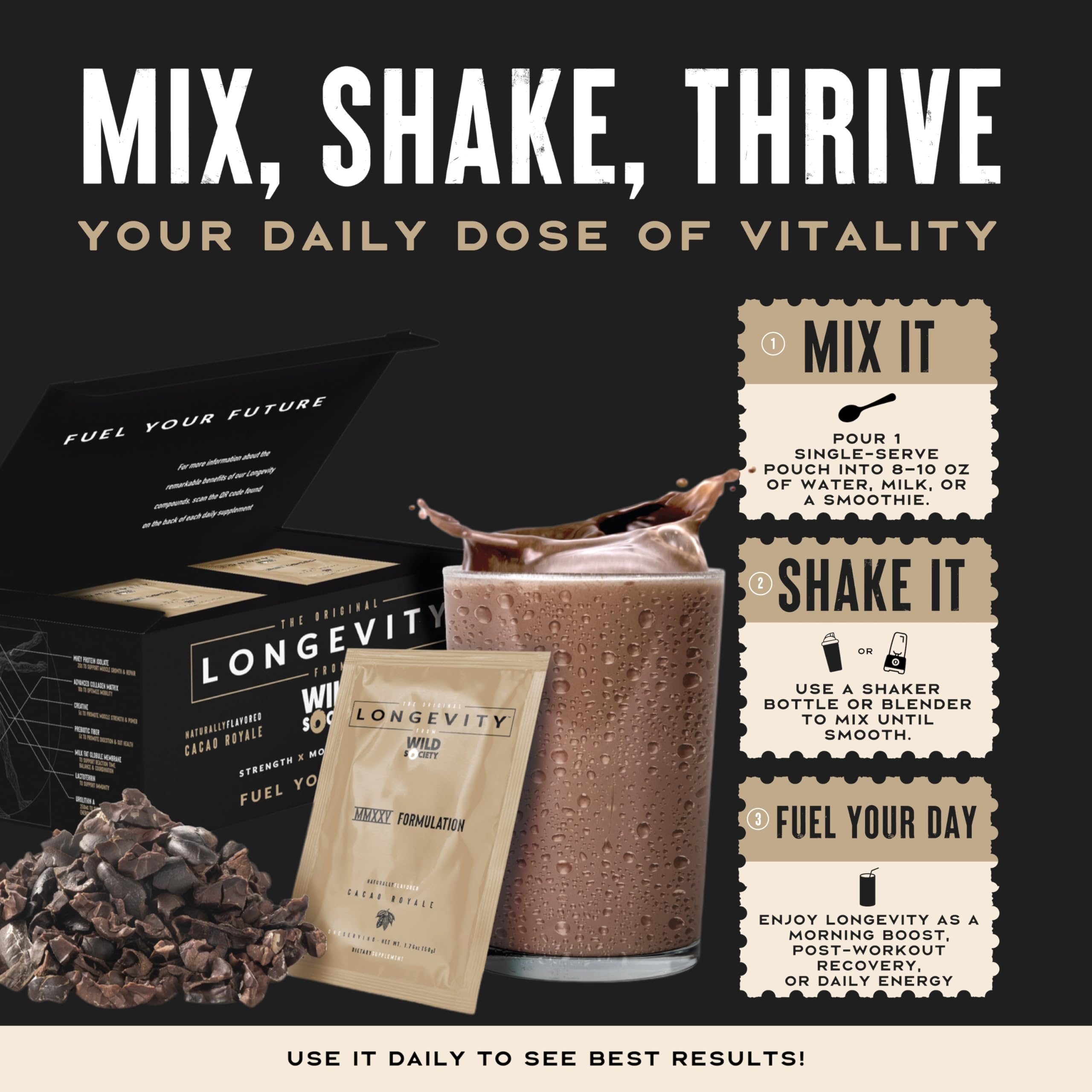 Wild Society Longevity Shake ingredient panel highlights creatine, urolithin A, prebiotics.