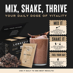 Wild Society Longevity Shake ingredient panel highlights creatine, urolithin A, prebiotics.