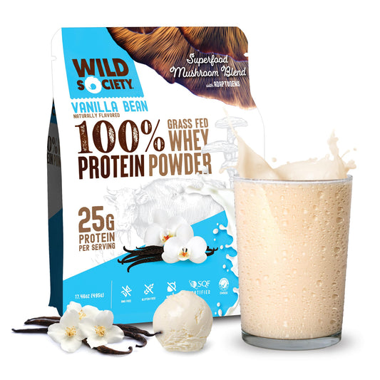 Wild Society Vanilla Bean whey powder tub for smooth shakes and post-workout recovery