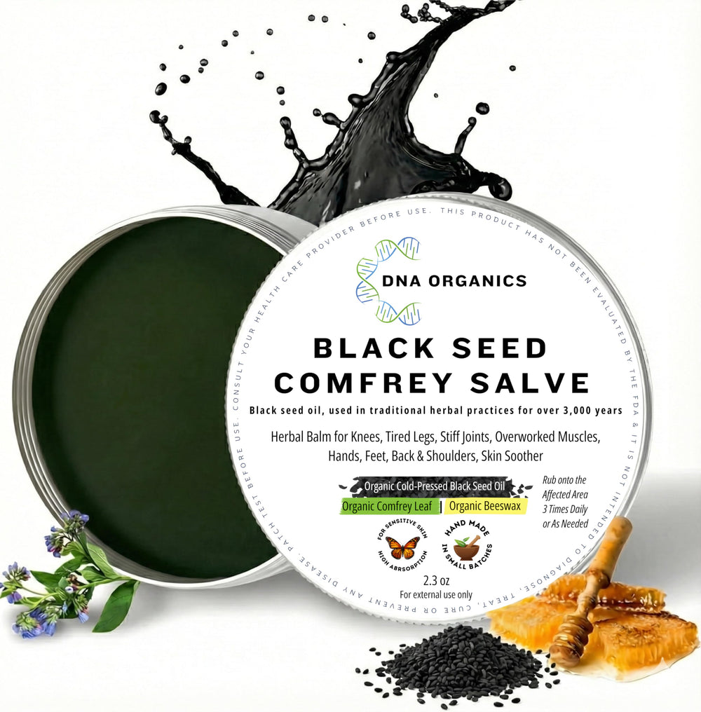 Wild Castle DNA Organics Black Seed Oil Comfrey Salve tin front for skin nourishment