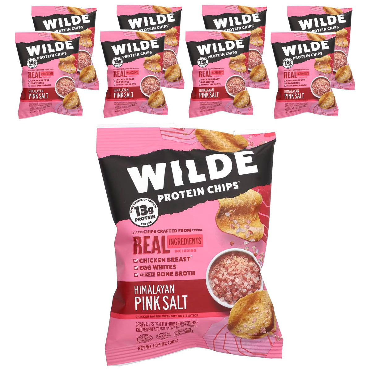 Wilde Brands Protein Chips Himalayan Pink Salt bag-front, savory protein snack for active days