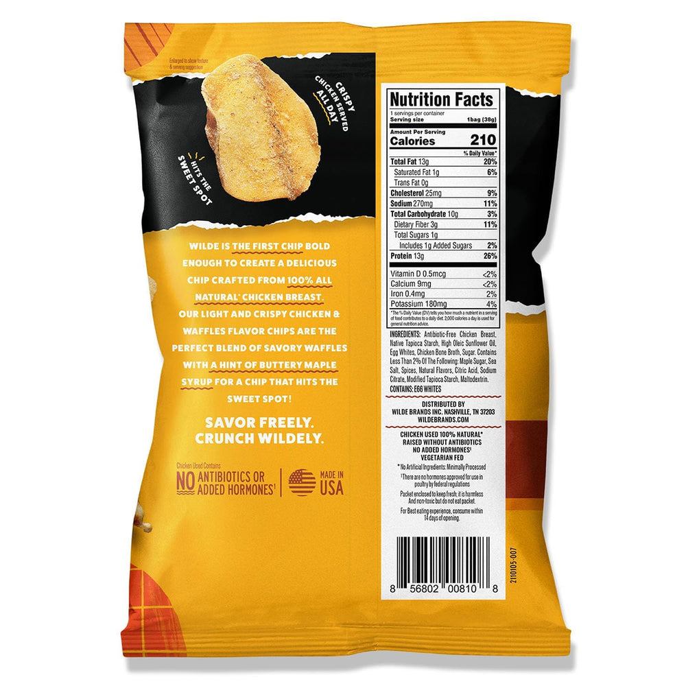 Close-up of WILDE protein chips bag showing real ingredients and texture