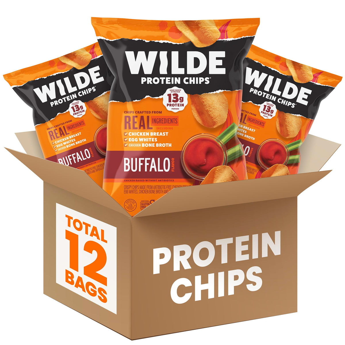 Wilde Chips Buffalo Style bag highlights high-protein, keto-friendly snacking.