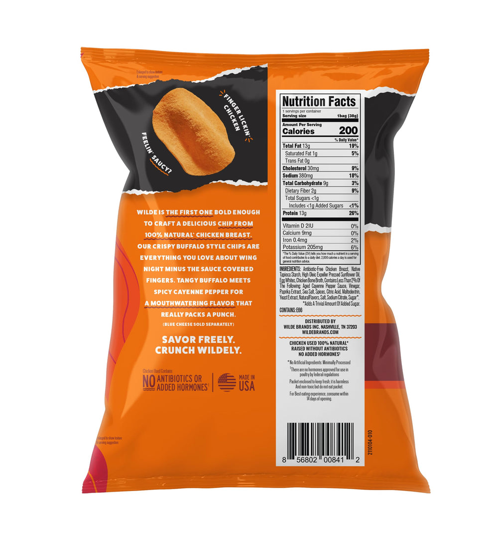 Wilde Chips ingredients label shows 100% natural chicken breast and egg whites.