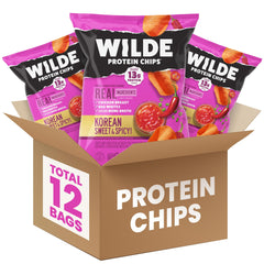 Wilde Protein Chips Korean Sweet & Spicy 12-pack, high-protein keto-friendly snack on the go.