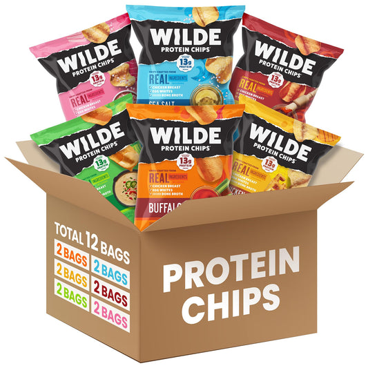 Wilde Chips Protein Chips Variety Pack packshot highlights convenient, protein-rich snacking for busy days.