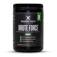Wilderness Athlete Brute Force Green Apple pre-workout tub ready for training.
