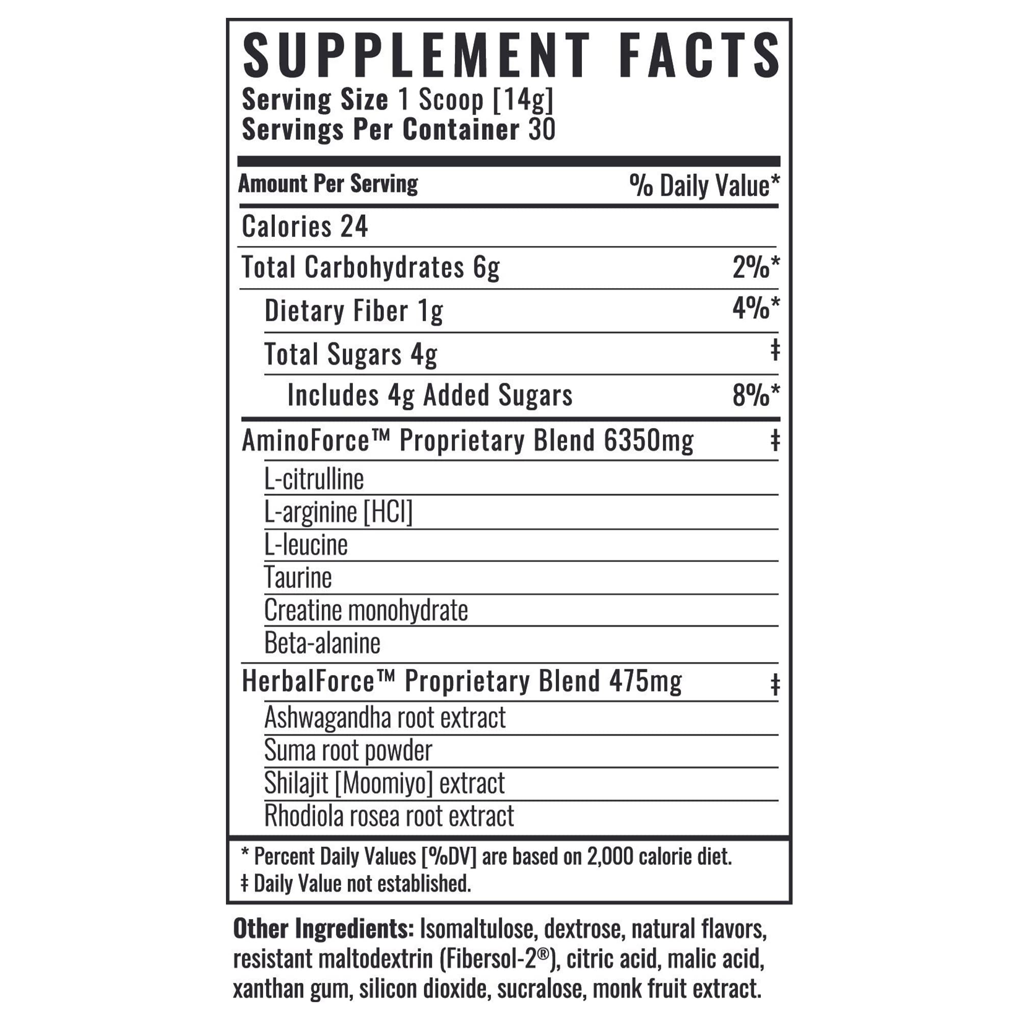 Ingredients panel on Brute Force showing amino acids and adaptogens