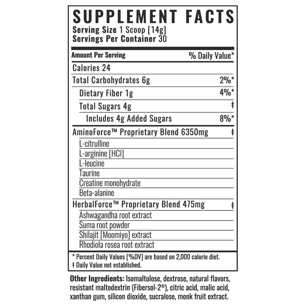 Ingredients panel on Brute Force showing amino acids and adaptogens