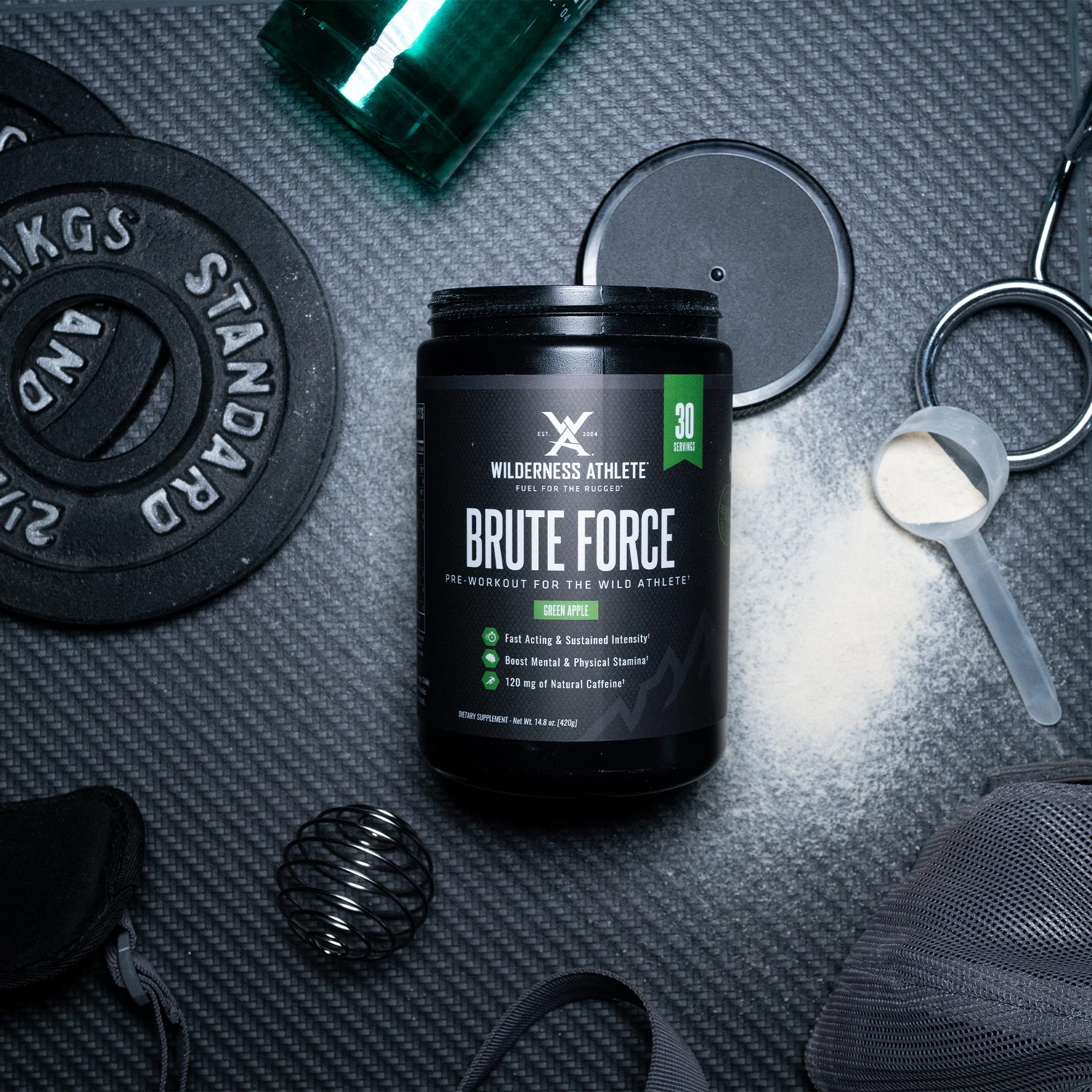 Wilderness Athlete Brute Force scoop added to shaker delivering fast-acting energy without tingles.